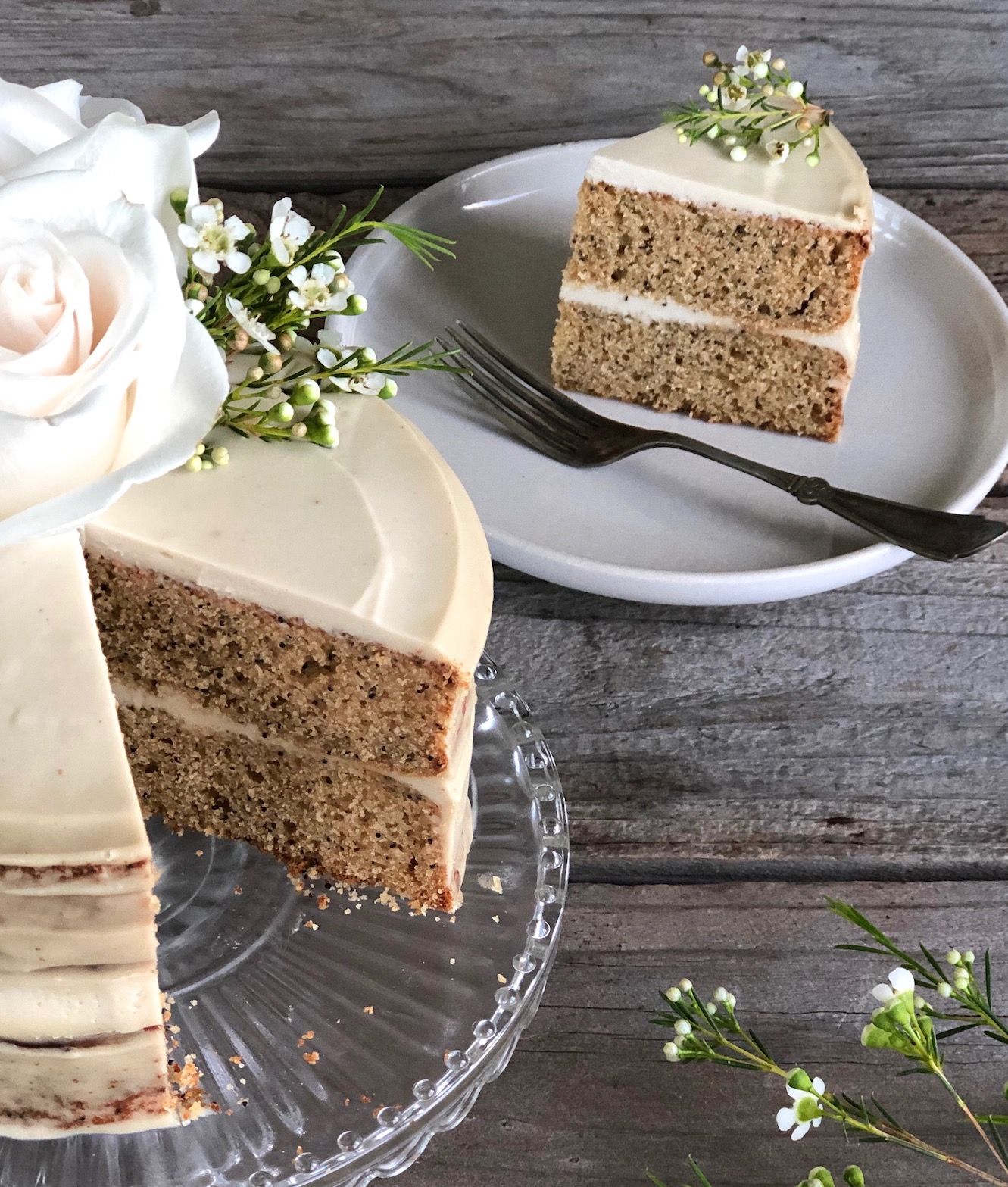 lemon poppy seed cake with cashew cream